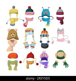 Woolen caps and scarves flat vector illustrations set Stock Vector