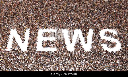 Concept or conceptual large community of people forming the the word NEWS. 3d illustration metaphor for communication, media, television, journalism Stock Photo