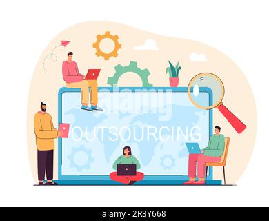 Group of business people with laptops in front of huge computer Stock Vector