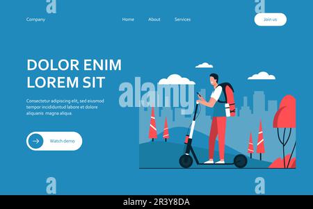 Happy smiling man riding kick scooter on sidewalk Stock Vector