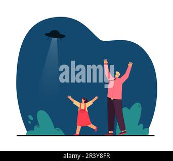 Girl and man rejoicing while seeing flying saucer Stock Vector