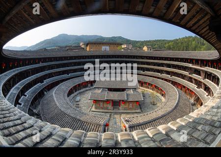 The interior of  Fujian earthen buildings (also known as Hakka tulou). These buildings are in Chuxi village. Stock Photo