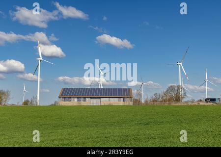 Meyenburg, Deutschland. 19th Apr, 2023. Solar modules on a stable and wind turbines in Brandenburg || Model release available Credit: dpa/Alamy Live News Stock Photo