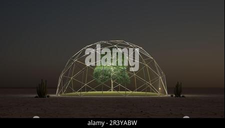 Tree under a glass dome in desert area - 3D Illustration Stock Photo ...