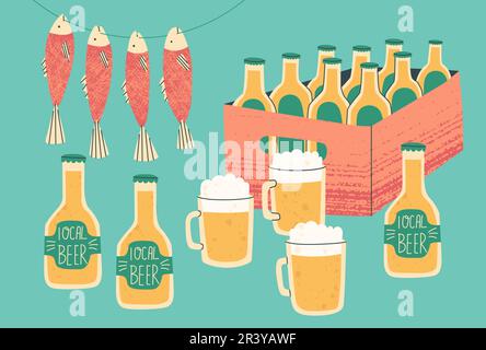 Fair of local products. Local or craft beer. Bottles of beer in a box and mugs for tasting. Vector isolated elements with textures. Stock Vector