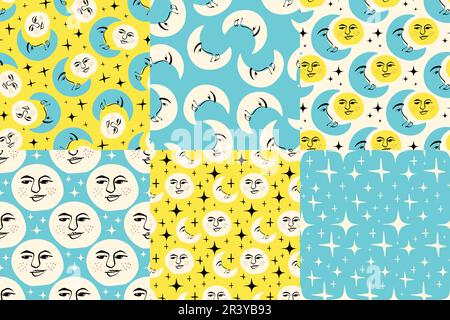 Sun and moon seamless patterns set. Modern Childish pattern with astrological symbols of sun and moon Stock Vector