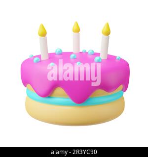 3D plastic cake with cream, candy balls, candles. Color cute dessert isolated on white background. Sweet bake sign of gender party, Happy Birthday, ce Stock Vector