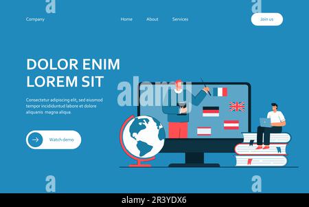 Tiny man learning foreign languages online Stock Vector