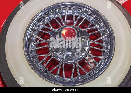 Wire Spoked Wheel With White Wall Tyre at Classic Car Stock Photo