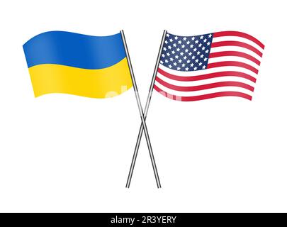 Vector image of the realistic flags of Ukraine and the USA. Flags on a metal holder. Stock Vector