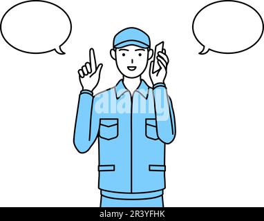 Man in hat and work clothes pointing while on the phone, Vector Illustration Stock Vector
