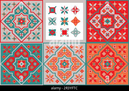 Morocco tiles background textures. Decorative colored ceramic tile. Colorful design. Set of seamless vector patterns. Stock Vector