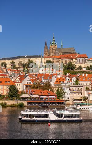 PRAGUE, CZECH REPUBLIC, EUROPE - Prague skyline with Prague Castle and St. Vitus Cathedral and Castle District, Hradcany, on RIver Vltava. Electric bo Stock Photo