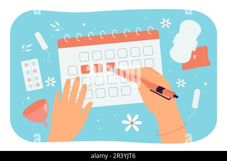 Women hands marking menstrual days on calendar Stock Vector