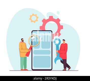 Tiny men doing maintenance on giant smartphone Stock Vector