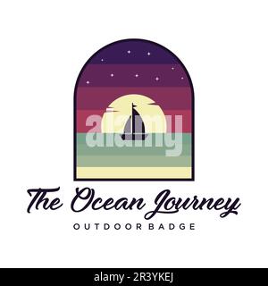 Ocean journey badge logo design. Boat and sea at night vector illustration Stock Vector