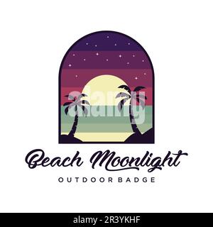 Creative beach at night badge logo design vector. Modern retro island vacation illustration Stock Vector