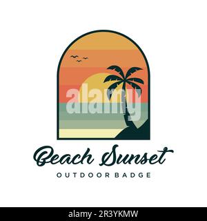 Sunset at beach badge logo design vector illustration. Creative paradise island tropical vacation retro style design. Stock Vector