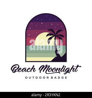 Beach moonlight outdoor badge logo design. Creative paradise island at night tropical vacation illustration. Stock Vector
