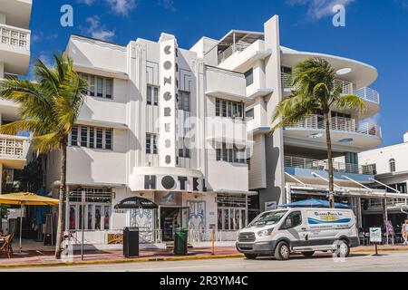 Miami, USA - December 7, 2022. View of the Congress hotel facade in Ocean Drive, Miami Beach Stock Photo