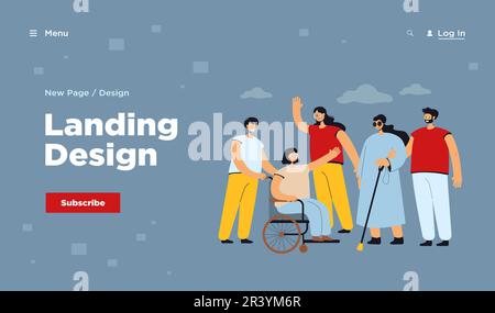 Smiling volunteers helping disabled people Stock Vector