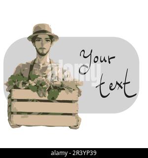 half length of male gardener holding vegetables in wooden basket with copy space for text illustration vector hand drawn isolated on white background Stock Vector