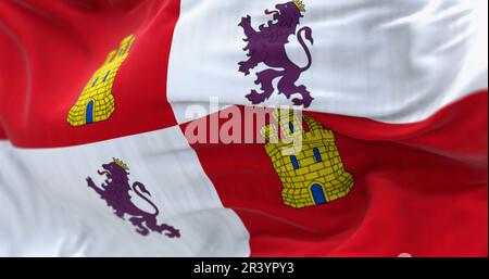 Close-up of Castile and Leon flag waving in the wind on a clear day. Castile and Leon is an autonomous community in north-western Spain. 3d illustrati Stock Photo