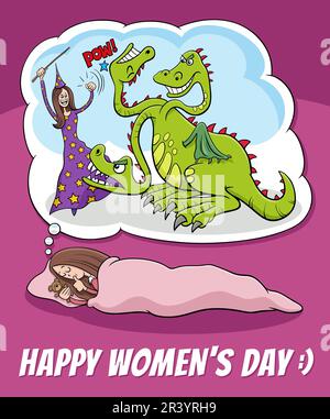 Women's Day design with cartoon woman dreaming Stock Photo