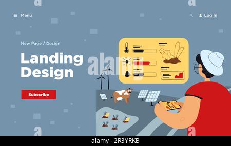 Farmer analyzing data on eco farming Stock Vector
