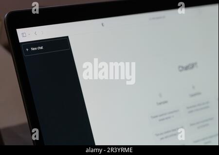 New york, USA - April 7, 2023: Creating new chat in OpenAI chatGPT menu with tools on computer screen close up view Stock Photo