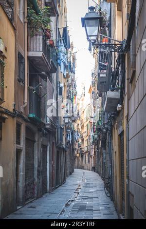 Barcelona, Spain - January 27, 2022. Empty streets of the Gothic quarter in the heart of  Barcelona in an early winter morning Stock Photo