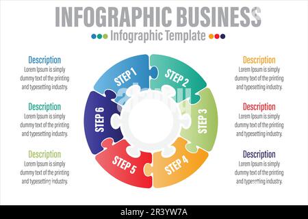 Infographic template for business. 6 Steps Modern Jigsaw puzzle diagram with circles and topic titles, presentation vector infographic. Stock Vector