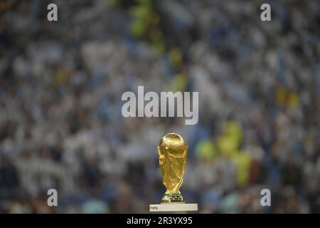 Doha -Qatar December 21, 2022 football world cup trophy, with Argentina 2022 cup winner Stock Photo