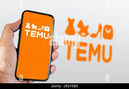 Boston, US, March 2023: Hand holding a phone with Temu logo displayed on the screen. Blurred logo on the background. Temu is an online marketplace. Il Stock Photo