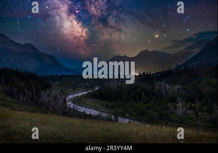 The galactic core of the northern summer Milky Way over Blakiston Valley, Alberta, Canada. Stock Photo