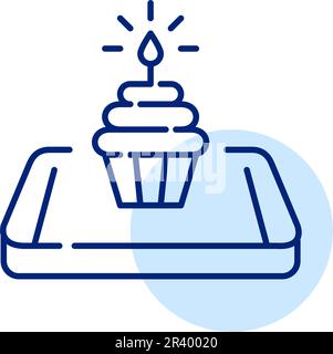 Birthday cupcake with candle on isometric smartphone. Birthday or anniversary. Pixel perfect, editable stroke icon Stock Vector