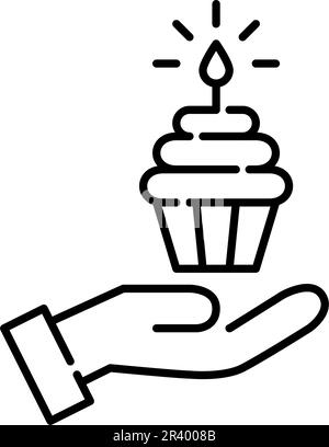 Hand holding birthday cupcake with burning candle. Pixel perfect, editable stroke icon Stock Vector