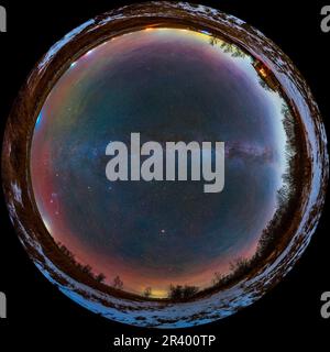 360 degree fish-eye panorama of the northern autumn sky and Milky Way in southern Alberta, Canada. Stock Photo