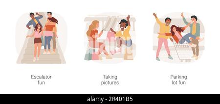 Hanging out in a shopping mall isolated cartoon vector illustration set. Teens having fun at mall escalator, making selfie on bench, teenage friends riding cart on parking lot vector cartoon. Stock Vector