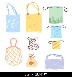 Set of colorful eco bags cartoon vector illustration Stock Vector