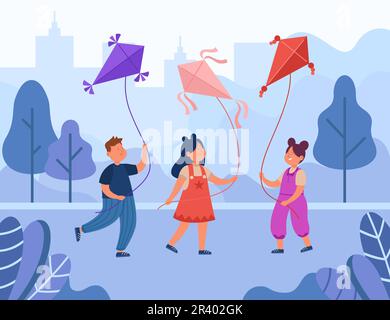 Cute kids walking with kites in park Stock Vector