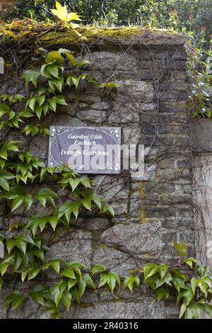 A sign on an ivy covered stone wall at the entrance to Iveagh Gardens in Dublin, Ireland. Stock Photo