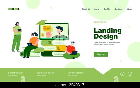 Tiny students learning online lesson via laptop Stock Vector