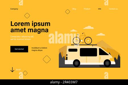 Minivan with bike on top moving in mountain Stock Vector