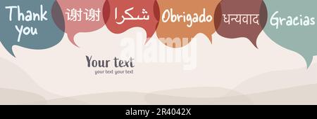 Colored speech bubble banners with the text -Thank you translated into various languages of different countries and continents. Thank you word Stock Vector