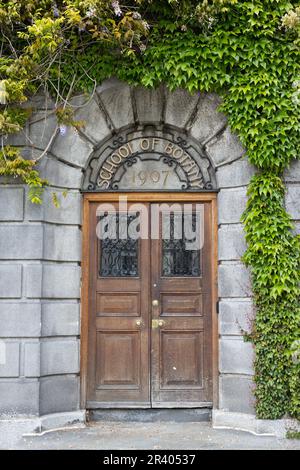 A beautiful arched doorway surrounded by green ivy at the School of Botany on the Trinity College campus in Dublin, Ireland. Stock Photo