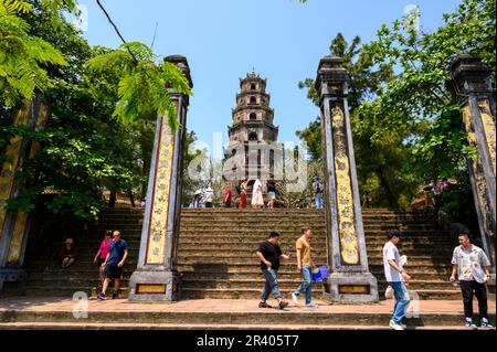 Steps up to Thien Mu Pagoda, a seven storeys tall octagonal tower from 1884 and iconic symbol of Hue city, Vietnam. Stock Photo