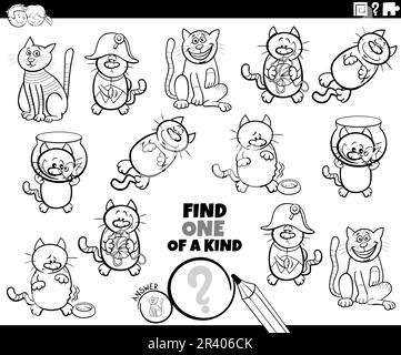 One of a kind game with cartoon cats coloring page Stock Photo