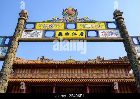 Inside the Meridian Gate in the historic Citadel of Hue, the ancient imperial city and capital of Vietnam. Stock Photo