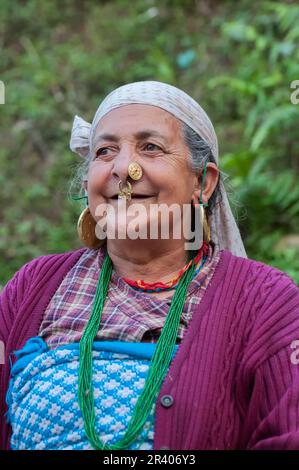 Sikkim, India - 23rd March 2004 : Senior citizen Sikkimese woman with smiling face. Sikkimese women are very hard working and they age very gracefully Stock Photo